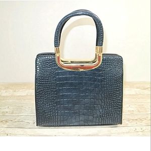 Blue Croc Textured Top Handle Bag